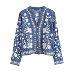 Women's Vintage-Style Embroidered Blouse with Collar and Button Closure