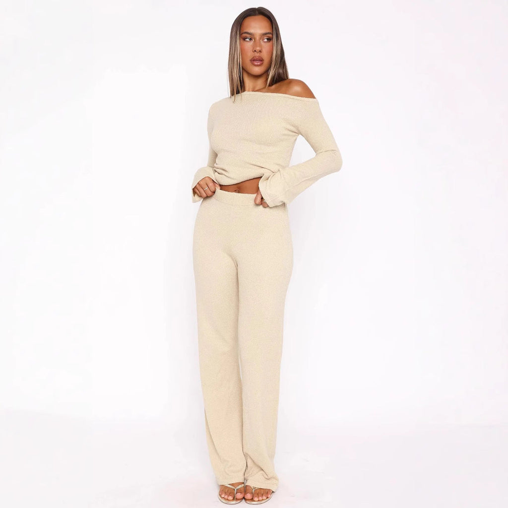 Women's Elegant Knit Set with Off-Shoulder Top and Wide Pants
