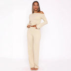 Women's Elegant Knit Set with Off-Shoulder Top and Wide Pants