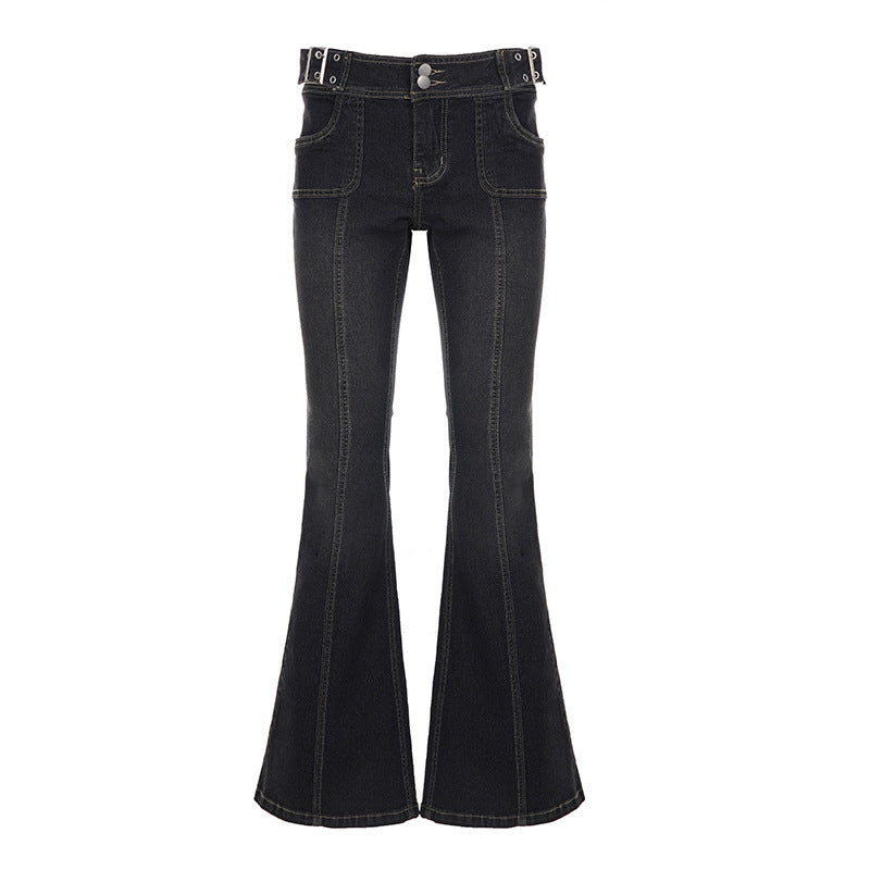 Women's Flared Jeans with Decorative Stitching and Adjustable Waist
