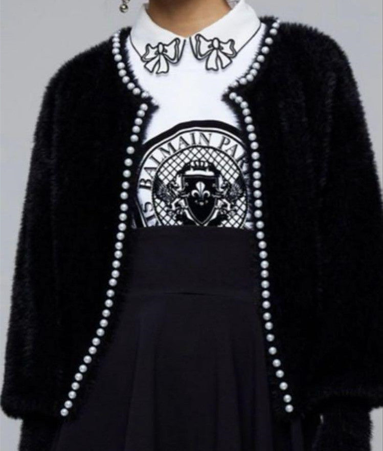Women's Fluffy Cardigan with Pearl Detail