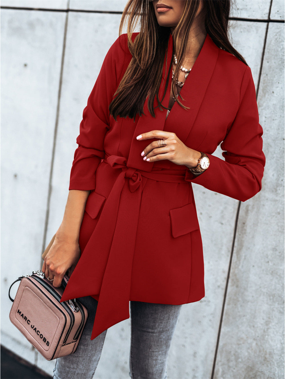 Women's Elegant Tailored Blazer with Belt and Pockets