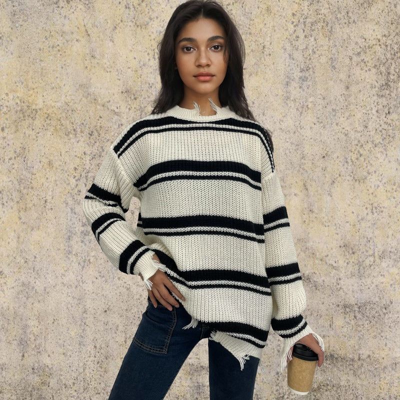 Women's Chunky Knit Oversized Sweater with Fringe and Stripes