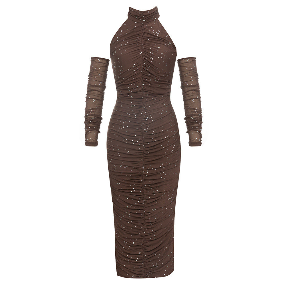 Women's Elegant Evening Dress with Fitted Silhouette and Sheer Sleeves