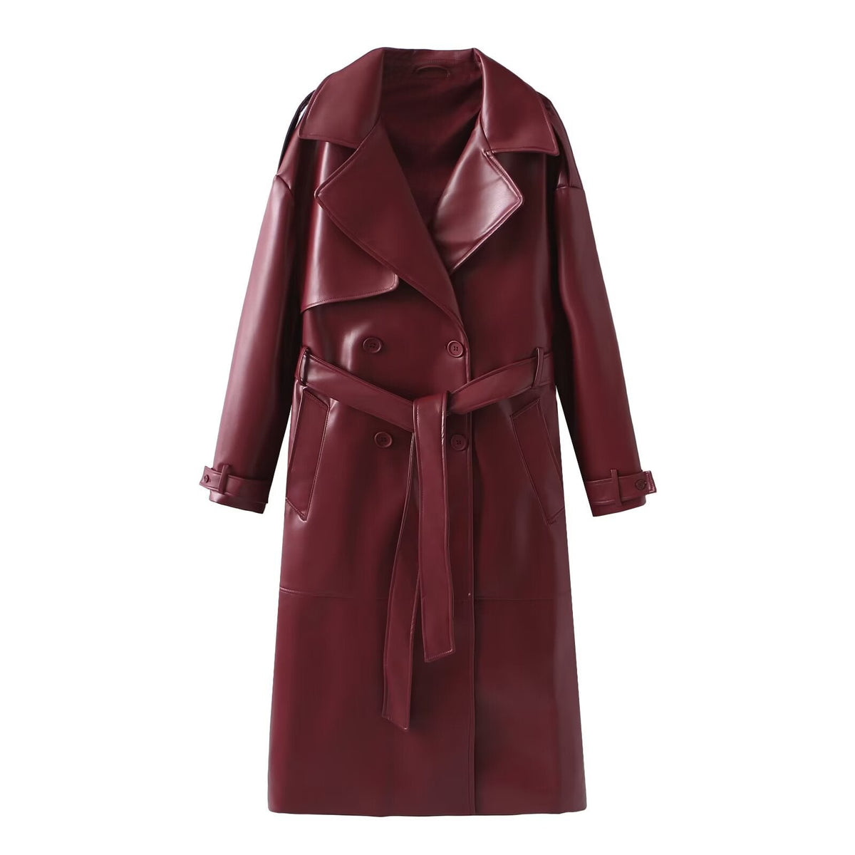 Women's Faux Leather Trench Coat with Fashionable Cut and Pockets