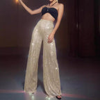 Women's Glamorous Wide-Leg Maxi Pants with Glitter Stripes