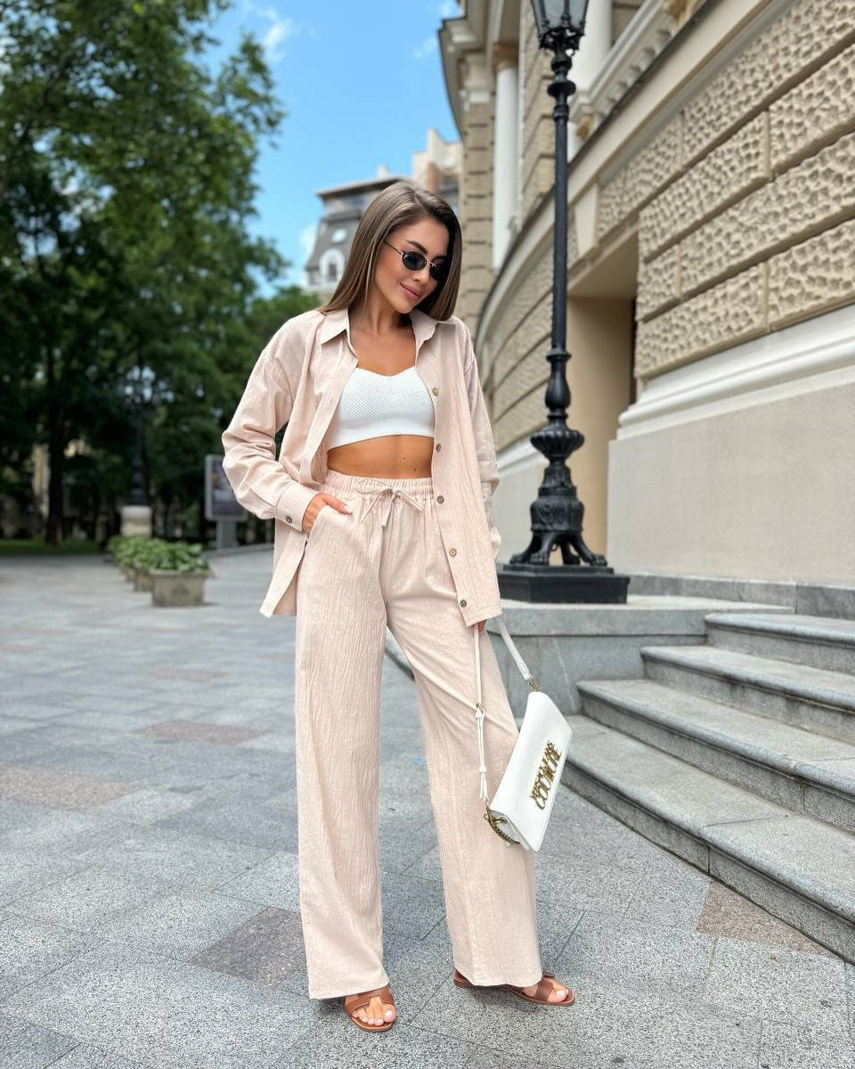Women's Elegant Two-Piece Shirt and Wide-Leg Pants Set