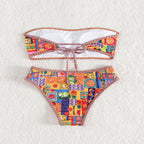 Women's Bandeau Bikini with Fruity Pattern and Decorative Contrast Stitching