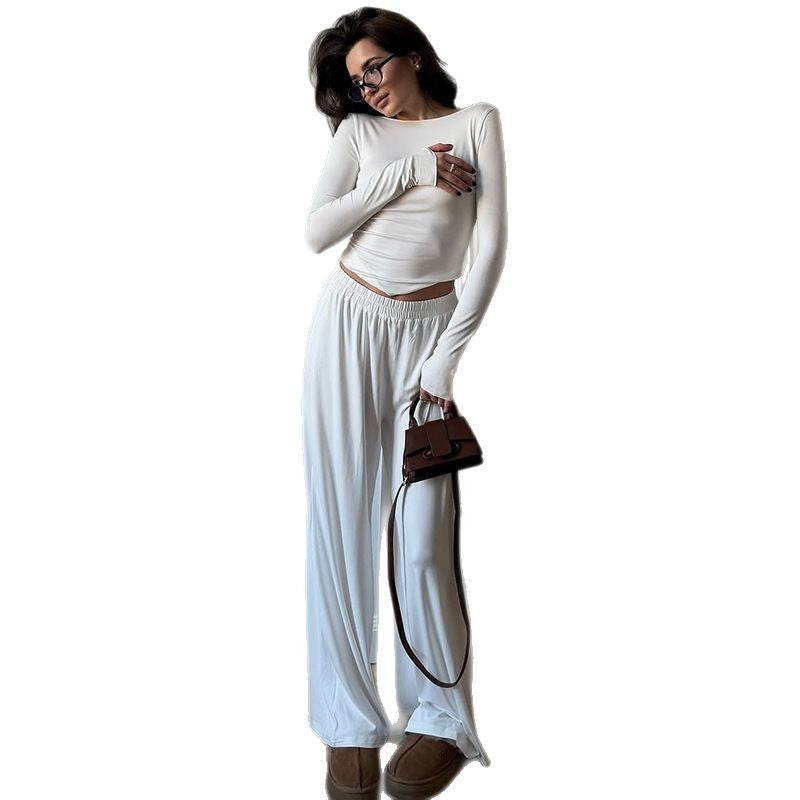 Women's Loungewear Set with Long-Sleeve Top and Wide-Leg Pants