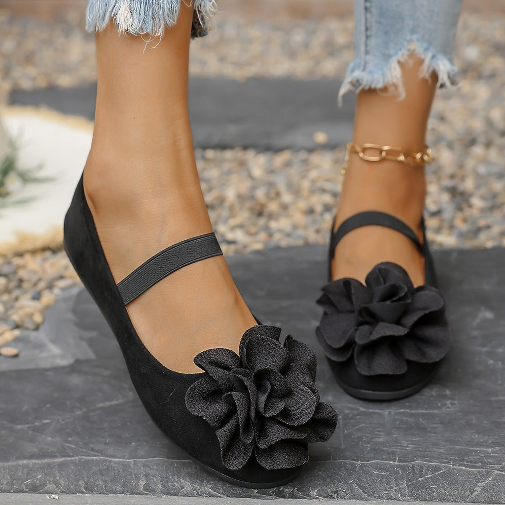 Women's Ballet Flats with Floral 3D Flower Design and Elastic Strap