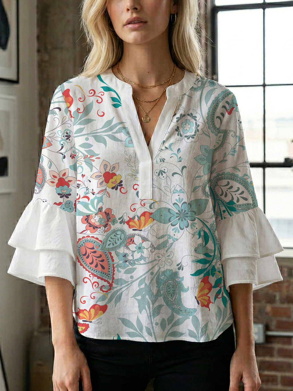 Women's Floral Top with Voluminous Ruffled Sleeves