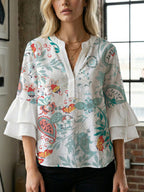 Women's Floral Top with Voluminous Ruffled Sleeves