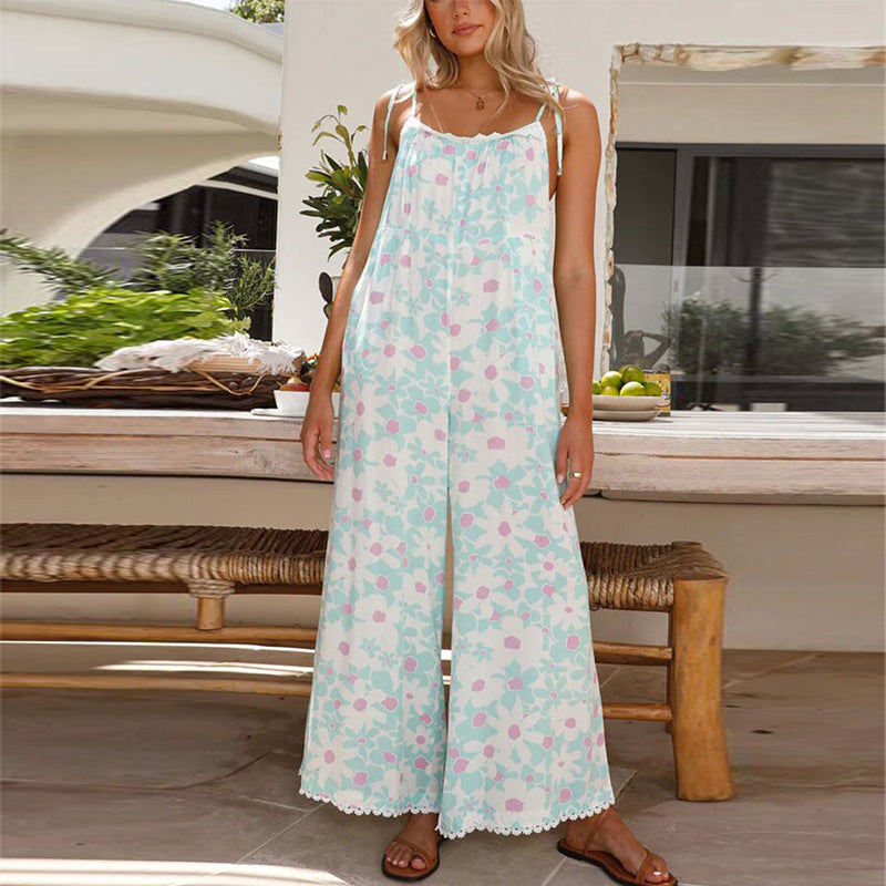 Women's Airy Summer Jumpsuit with Floral Print and Adjustable Straps