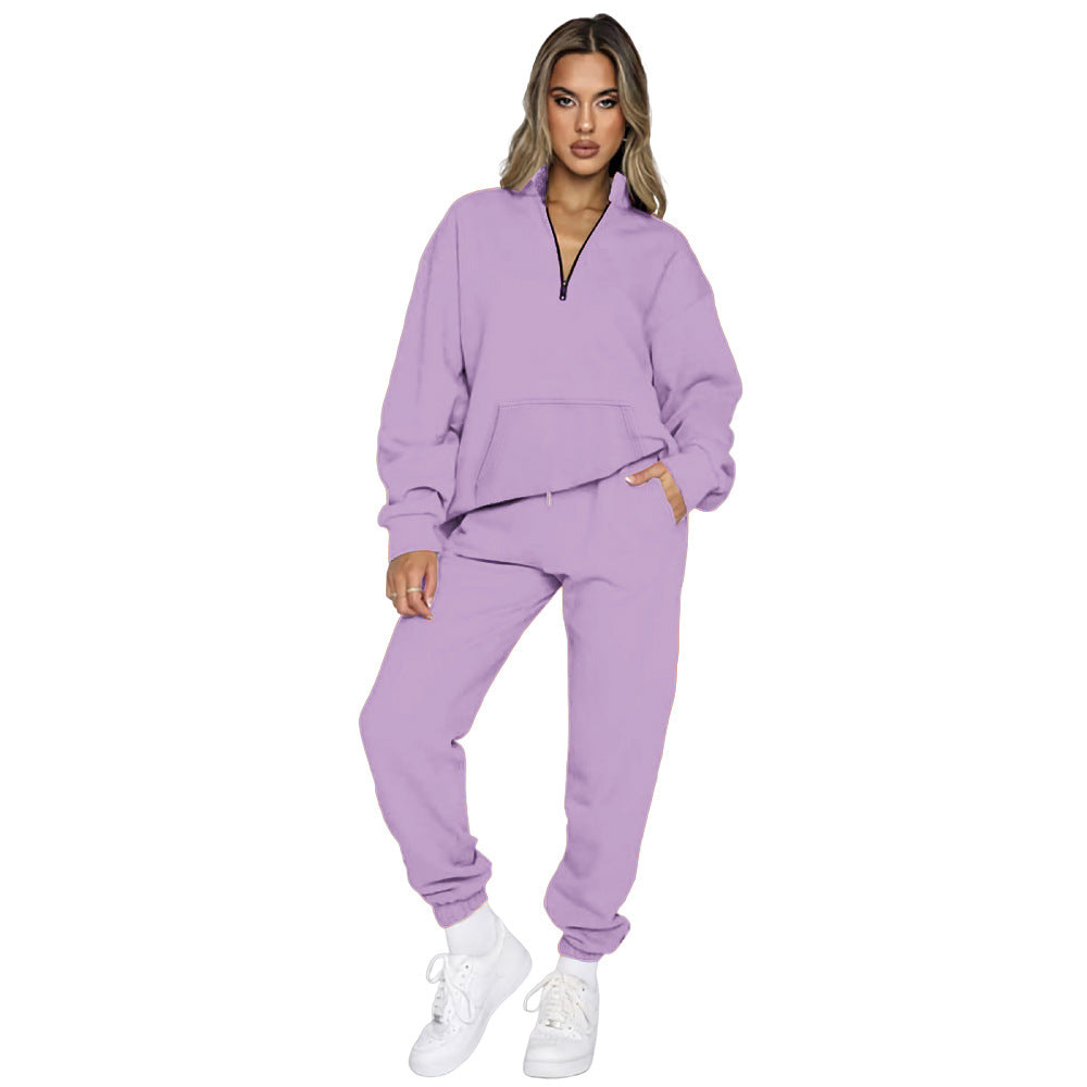 Women's Comfortable Leisure Outfit with High Collar and Kangaroo Pocket