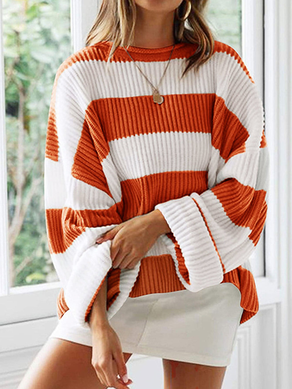 Women's Striped Knit Sweater with Wide Fit