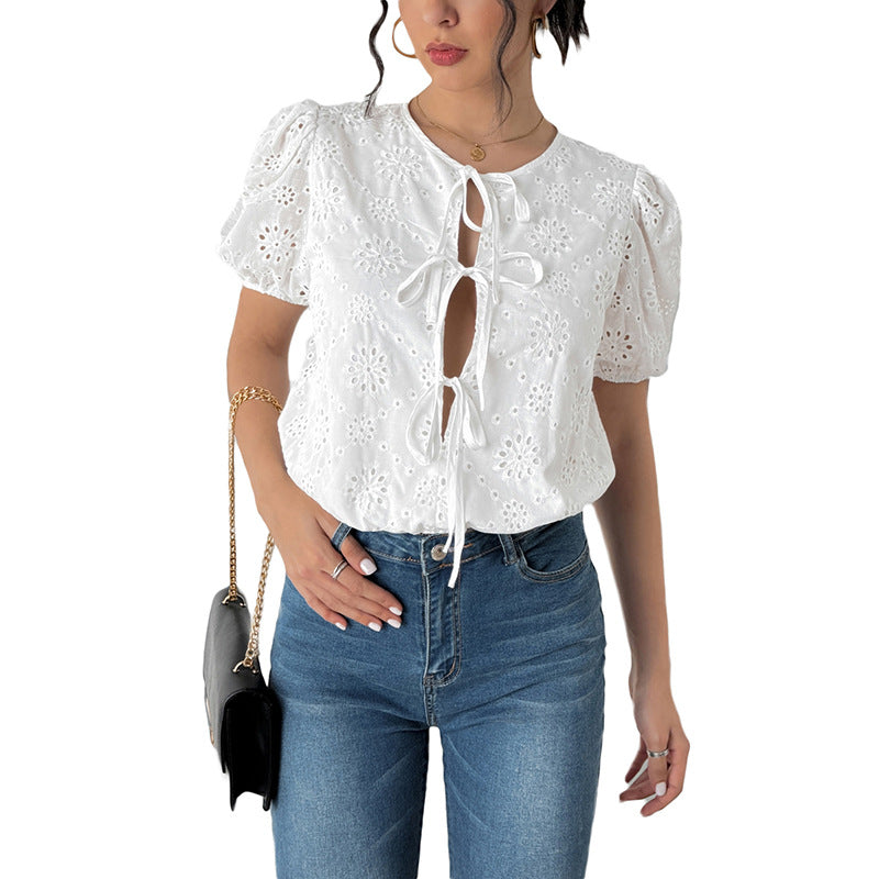 Women's Blouse with Ruffles and Lace-Up Detail