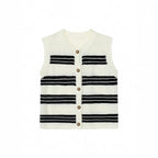 Women's Sleeveless Cardigan with Button Placket and Stripes