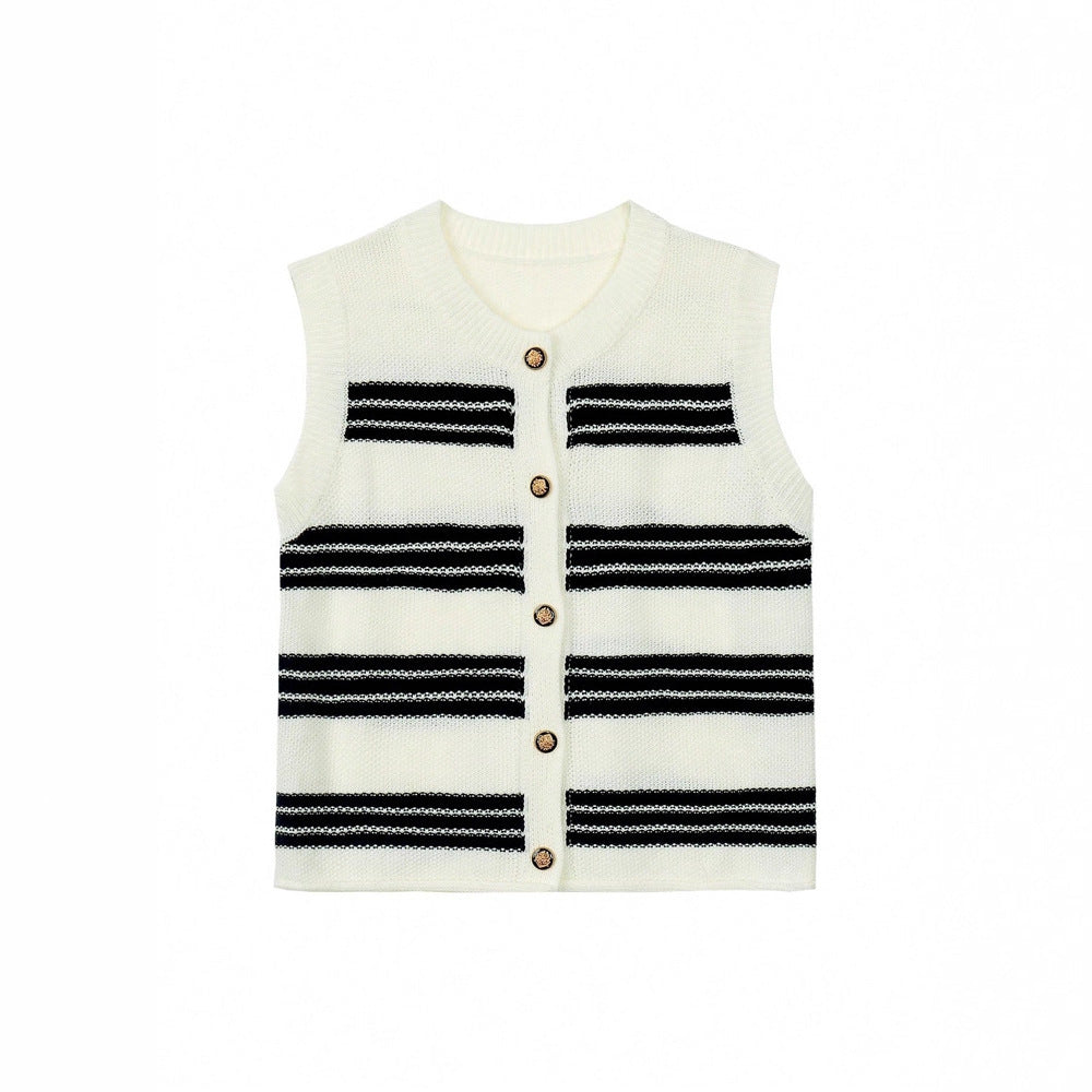 Women's Sleeveless Cardigan with Button Placket and Stripes