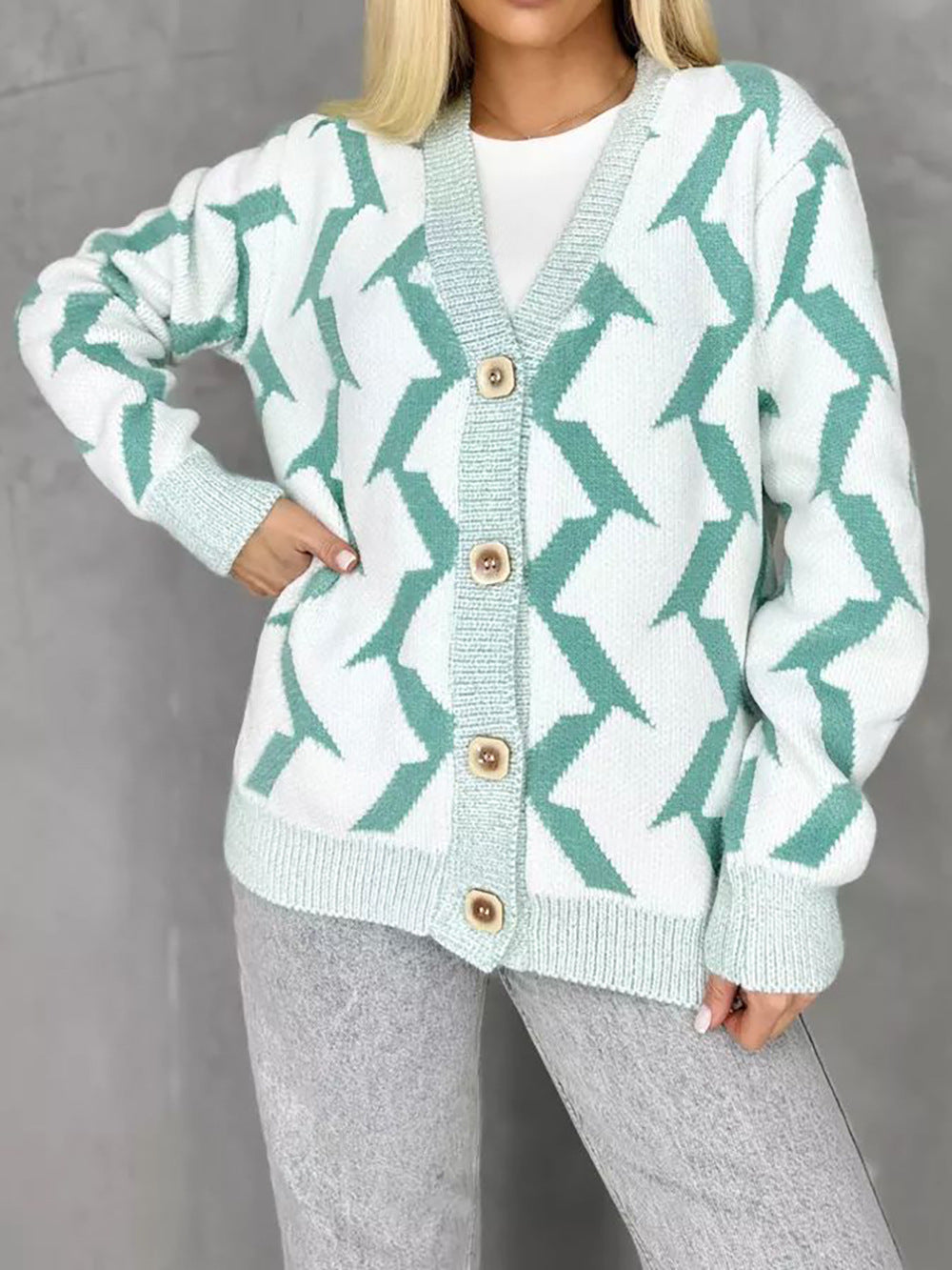 Women's Cozy Knit Cardigan with Modern Lightning Design and Button Closure