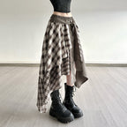 Women's Asymmetric Wrap Skirt with Plaid Pattern and Wide Tie Belt