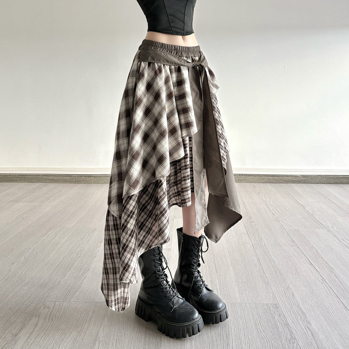 Women's Asymmetric Wrap Skirt with Plaid Pattern and Wide Tie Belt