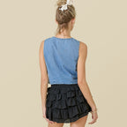 Women's Denim Blouse with Adjustable Front Tie