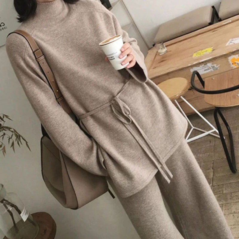 Women's Cozy Knit Ensemble with Waist Belt and High Collar