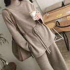 Women's Cozy Knit Ensemble with Waist Belt and High Collar