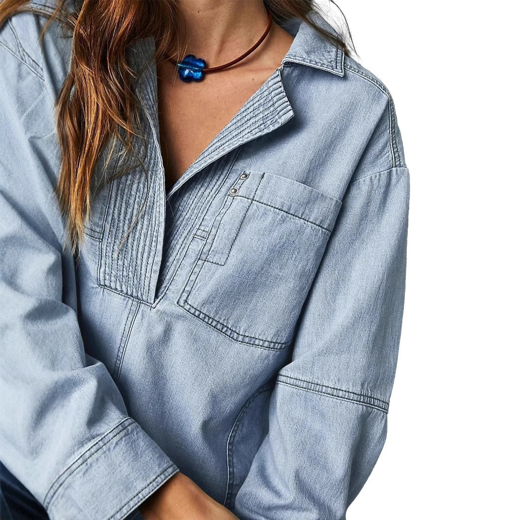 Women's Denim Shirt with Detailed Stitching