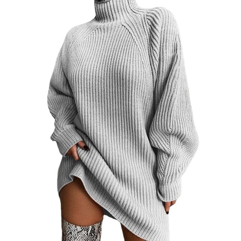 Women's Chunky Knit Sweater with High Collar and Asymmetrical Hem