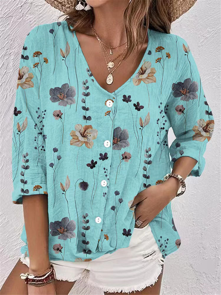 Women's Casual Floral Blouse with Button Details