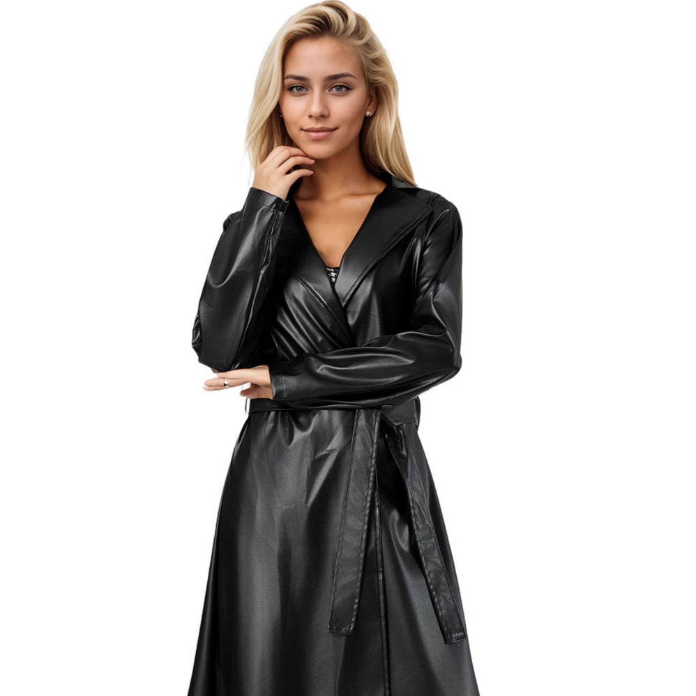 Elegant Women's Faux Leather Trench Coat