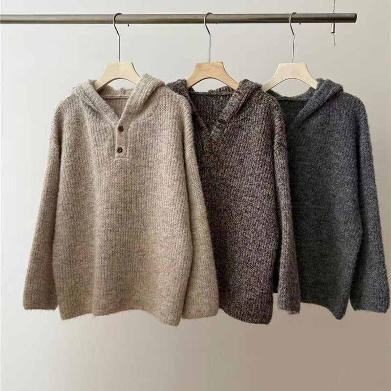 Women's Comfortable Knit Sweater with Button Placket and Hood