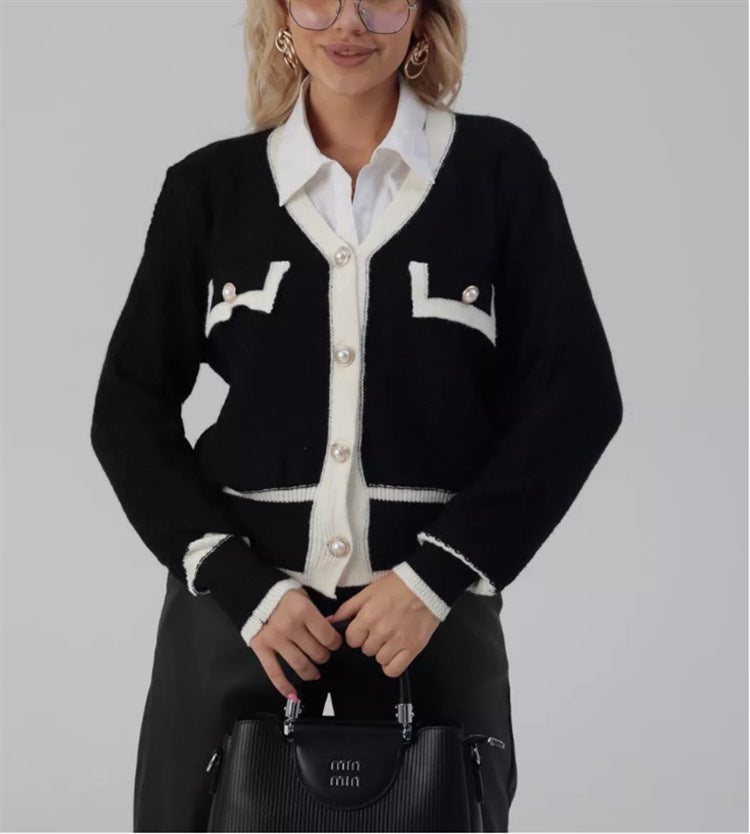 Women's Elegant Cardigan with Pearl Buttons and Contrast Details