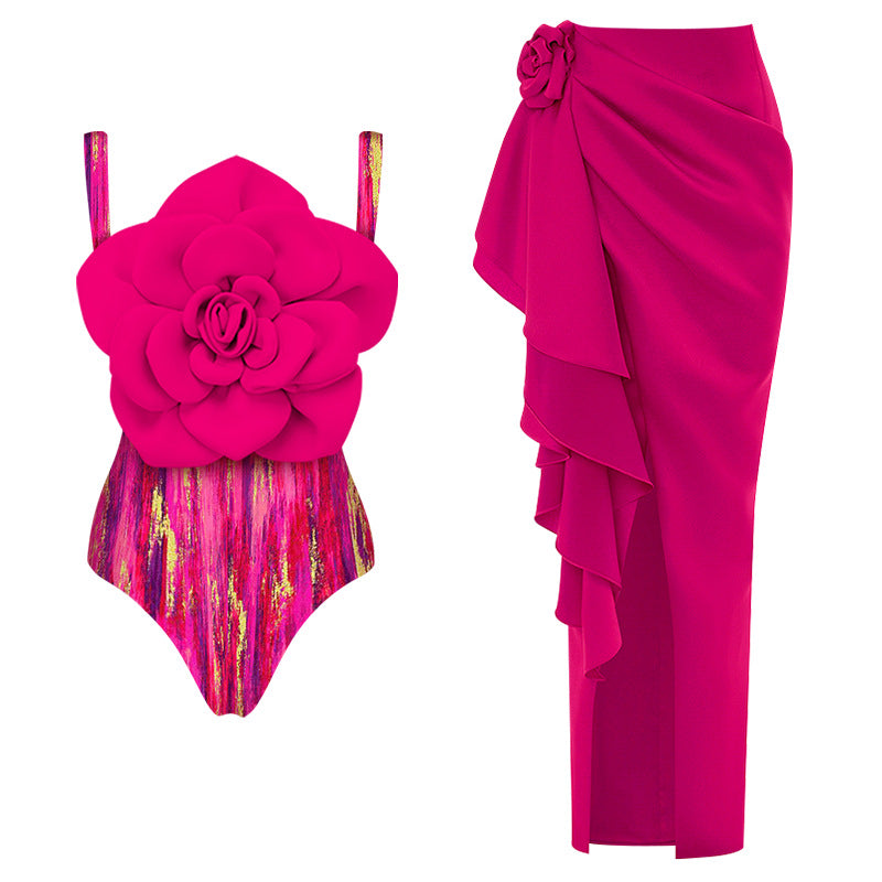 Women's Swimsuit with Floral Volume and Matching Wrap Skirt