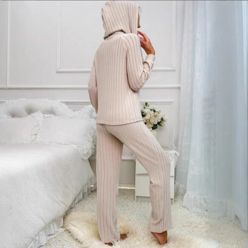Women's Cozy Knit Set with Hood and Button Placket