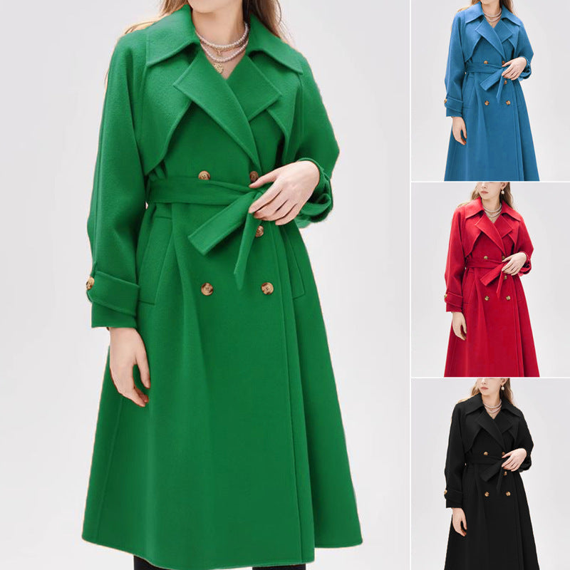 Women's Lined Trench Coat with Large Lapel and Waist Belt