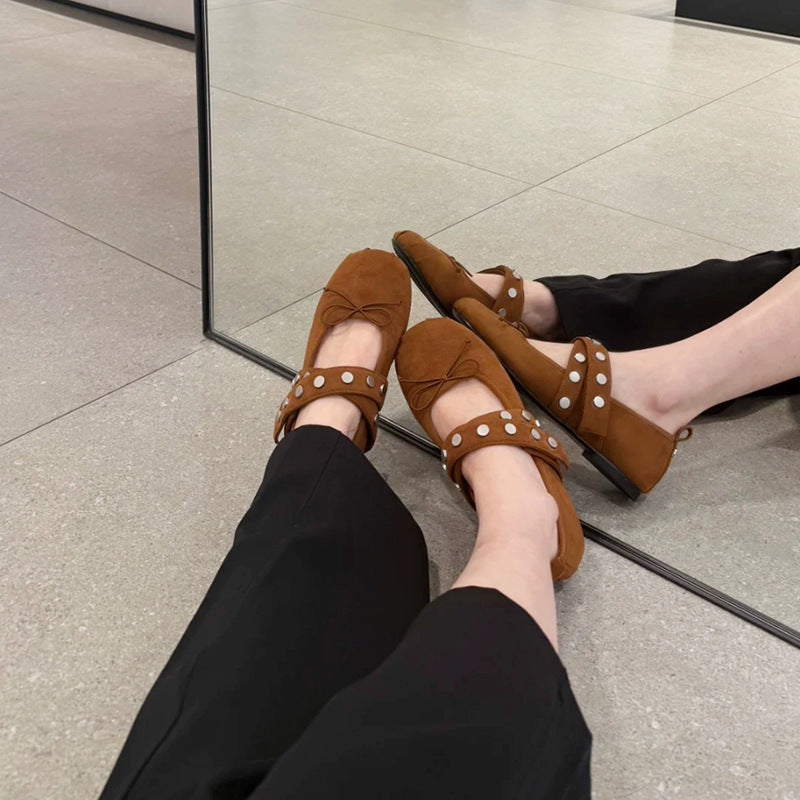 Women's Suede Ballet Flats with Fashionable Strap Design and Stylish Press Studs