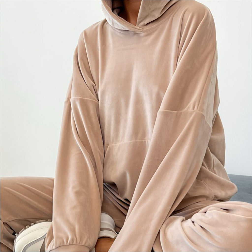 Women's Comfortable Velour Sweat Suit with Hood and Elastic Waistband