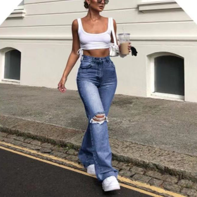 Women's Flared Jeans with Distressed Design