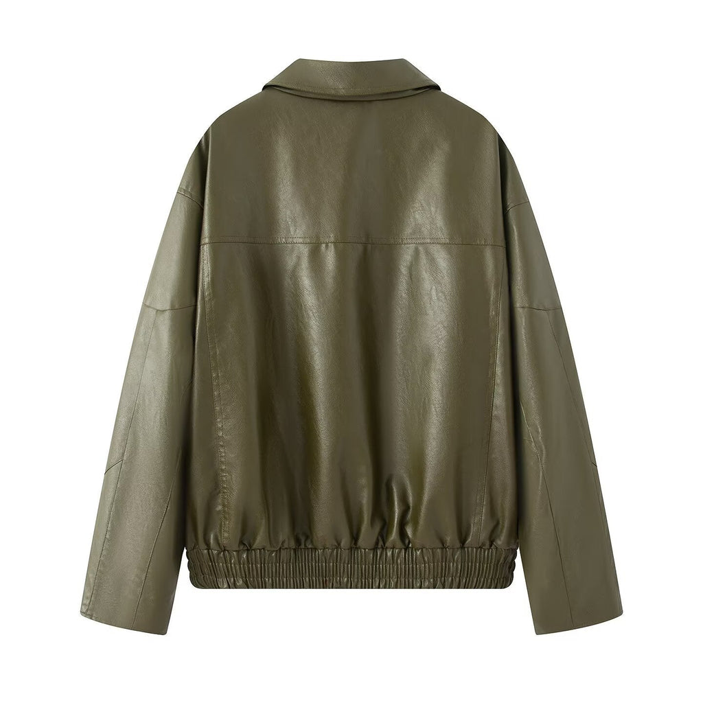 Women's Elegant Faux Leather Jacket with Practical Zipper Pockets