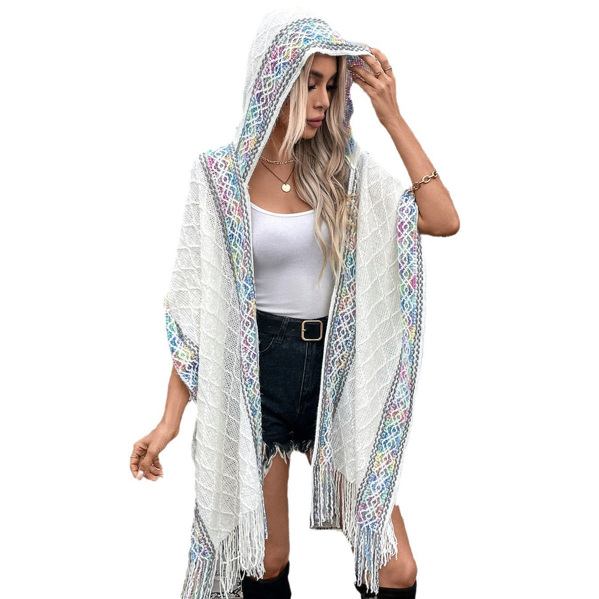 Elegant Women's Poncho with Textured Design and Fringe