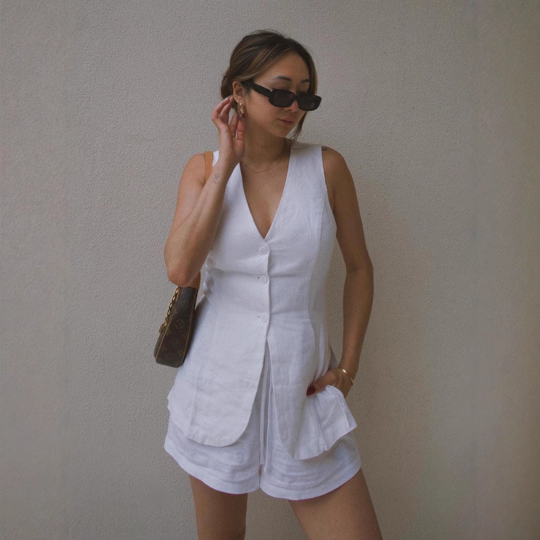 Women's Elegant Linen Blouse and Shorts Set