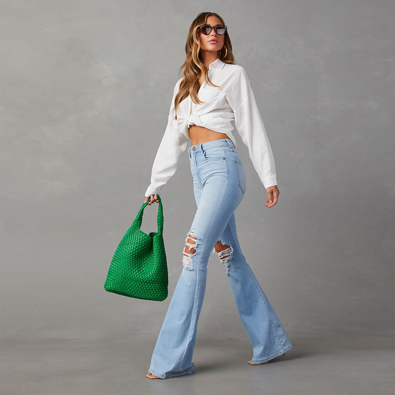 Women's High-Waist Flared Jeans with Distressing