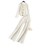 Women's Elegant Knit Loungewear Set with Decorative Buttons and Wide Leg