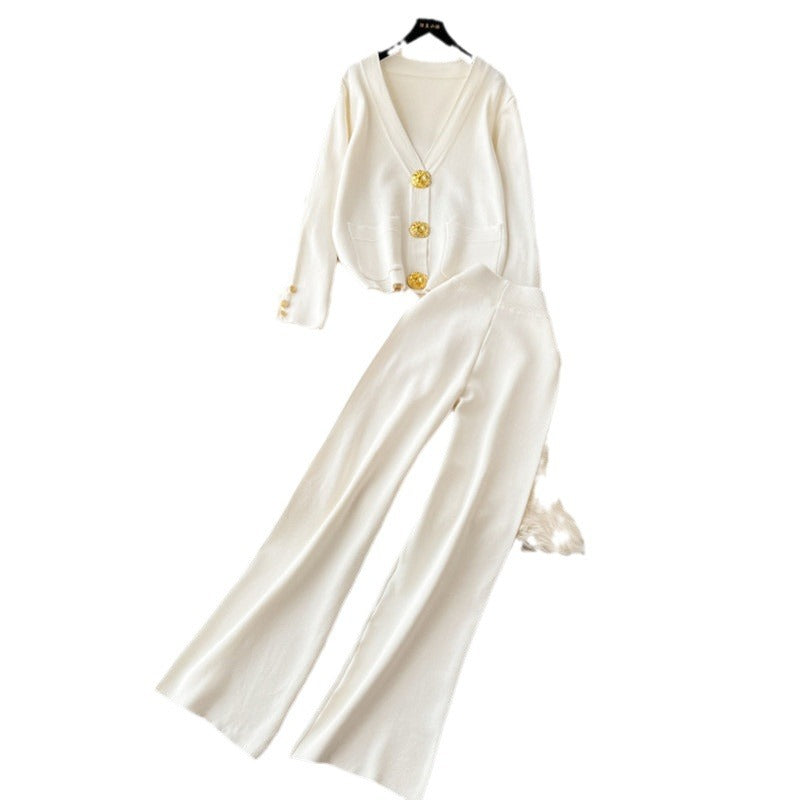 Women's Elegant Knit Loungewear Set with Decorative Buttons and Wide Leg