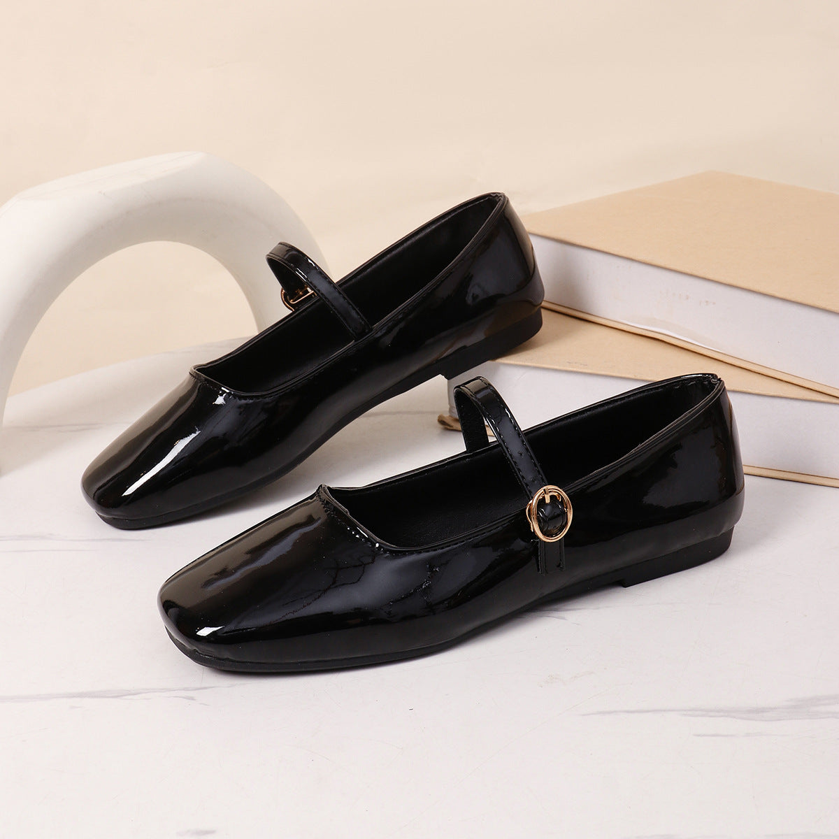 Women's Ballet Flats with Elegant Strap and Shiny Upper
