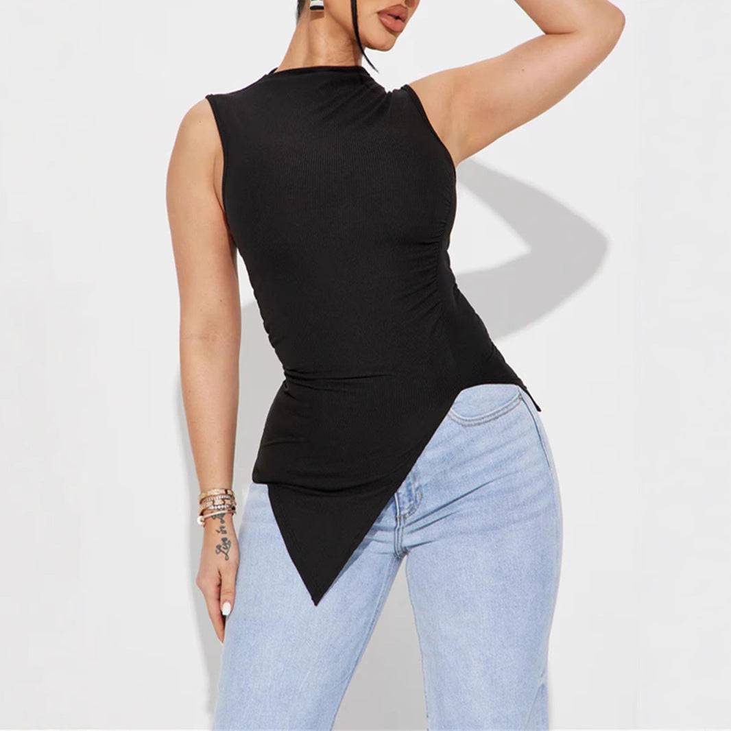 Women's Sleeveless Top with Asymmetrical Hem and Ruching