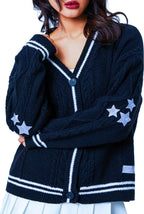 Women's Chunky Knit Cardigan with Decorative Stars and Contrast Trim
