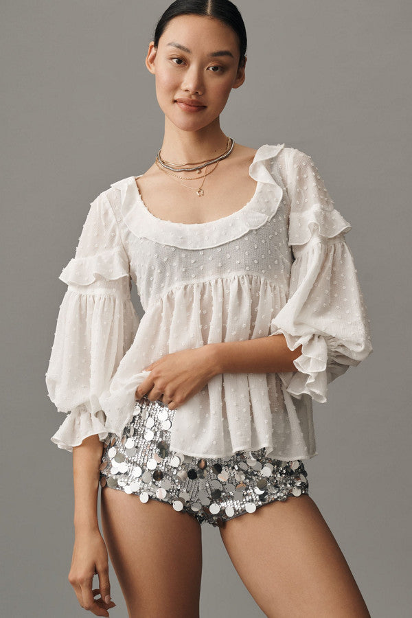 Women's Blouse with Decorative Ruffles and Textured Fabric